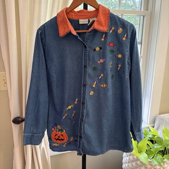 Vtg 90s White Stag Halloween Candy Embroidered Denim Shirt Womens Plus Size 16W - Picture 1 of 7